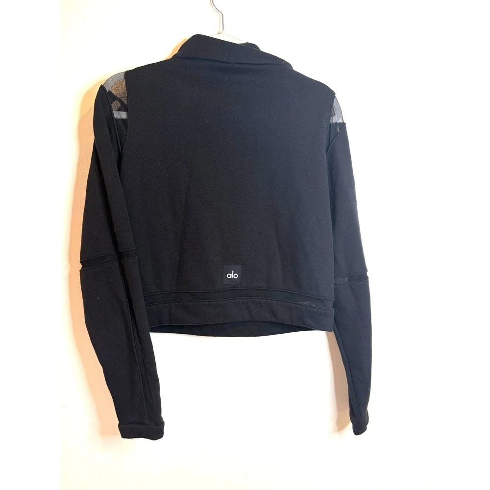 Alo Yoga Black Mesh Panel Cowl Neck Cropped Pullover Sweatshirt Womens Medium